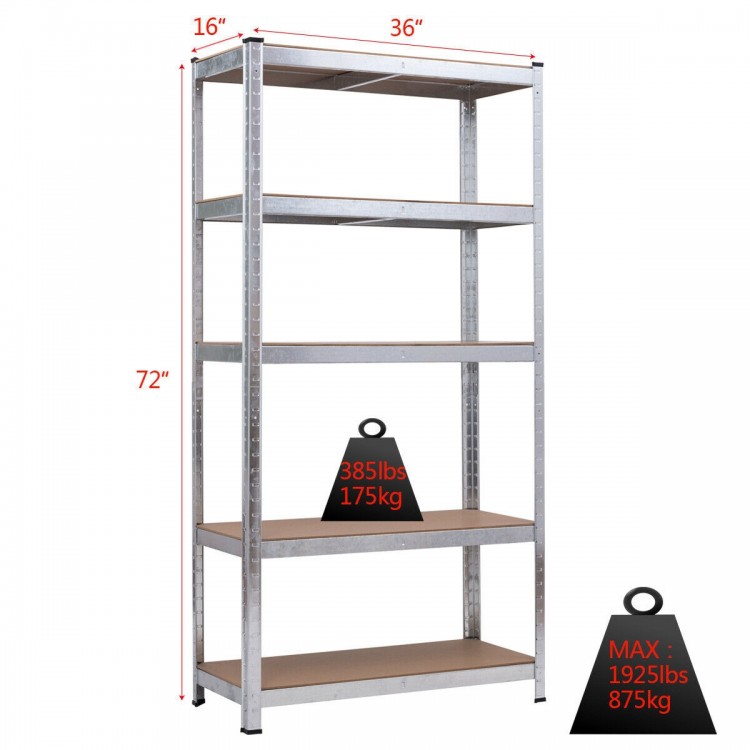 Adjustable 72-inch steel storage shelf with 5 levels, 385lbs capacity per tier, ideal for garage or utility room.