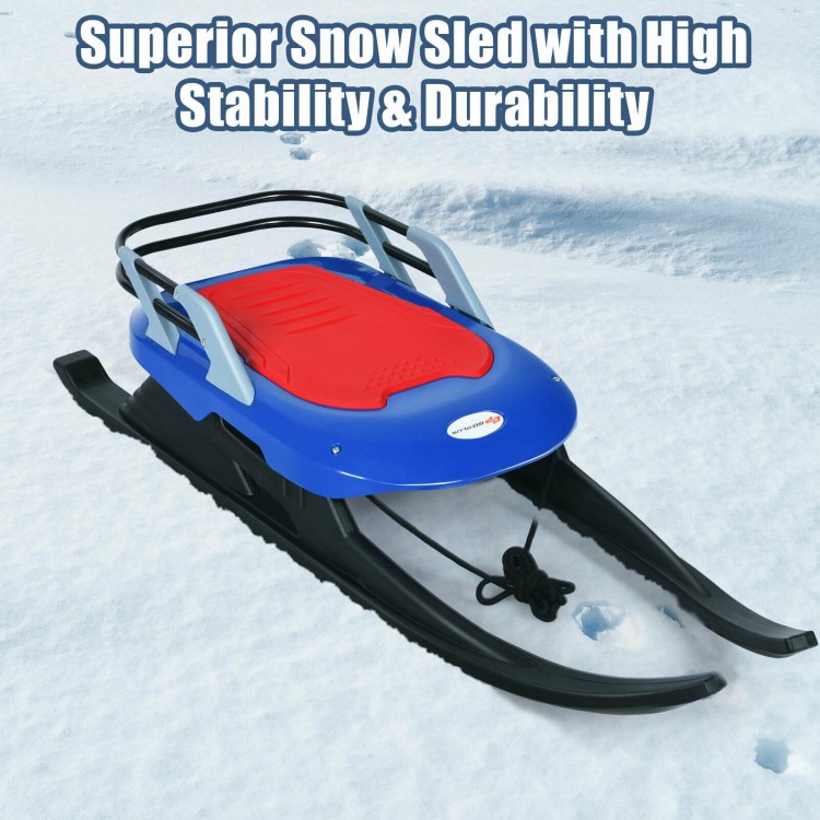 Folding kids' metal snow sled with leather seat, pull rope, and durable design for safe snow play and easy transport.