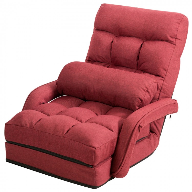 Red folding lazy floor chair sofa with armrests and pillow, adjustable back support for comfortable lounging or napping.