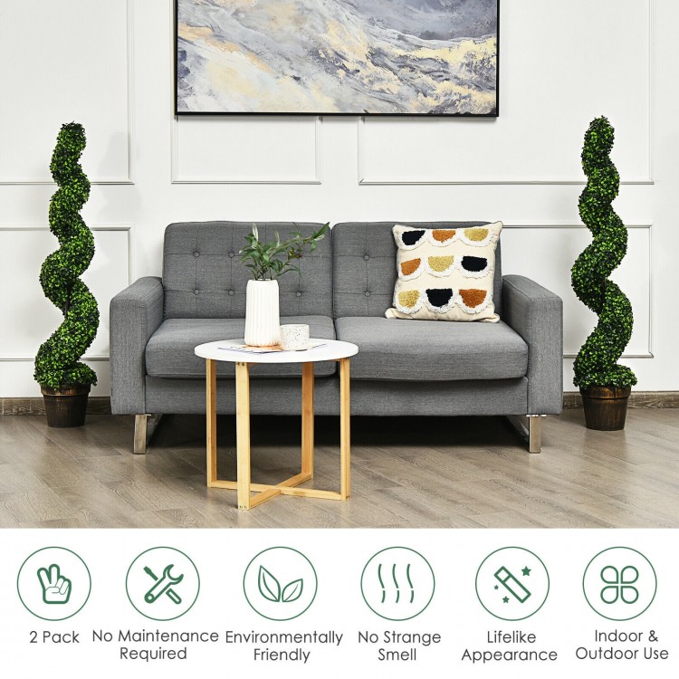 Artificial spiral boxwood topiary in golden pot, 4 feet tall, UV resistant for indoor and outdoor decor.