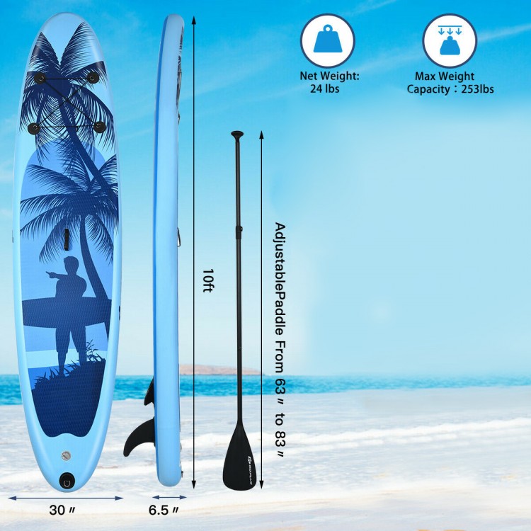 Inflatable stand-up paddleboard with adjustable paddle, 10ft long, ideal for surfing, fishing, and yoga on water.