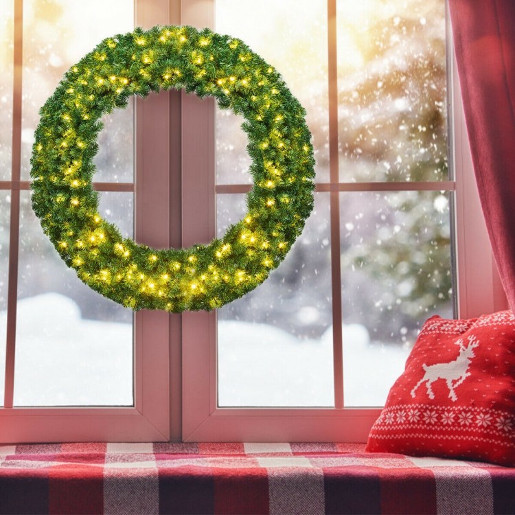 48-inch pre-lit cordless artificial Christmas wreath with 200 warm LED lights, perfect for indoor or outdoor holiday.