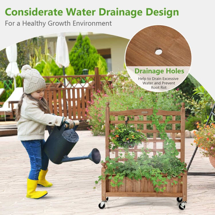 Wood planter box with trellis, 32in, featuring drainage holes for healthy plant growth, ideal for climbing plants.