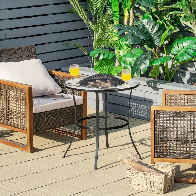 Round fire pit table with mesh cover and poker, featuring a durable steel frame, perfect for outdoor gatherings.
