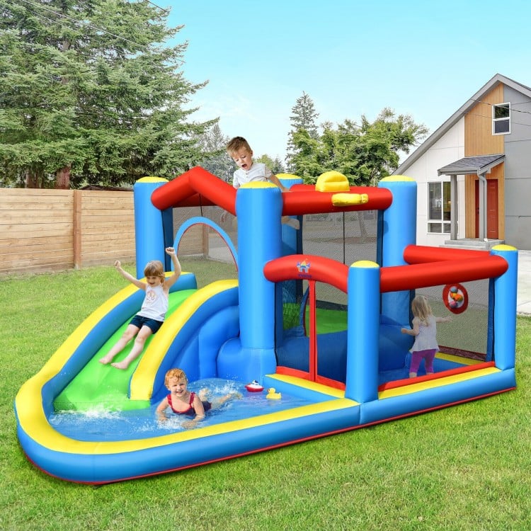 Inflatable kids water slide bounce castle with slide and pool, made of durable PVC, perfect for outdoor fun.