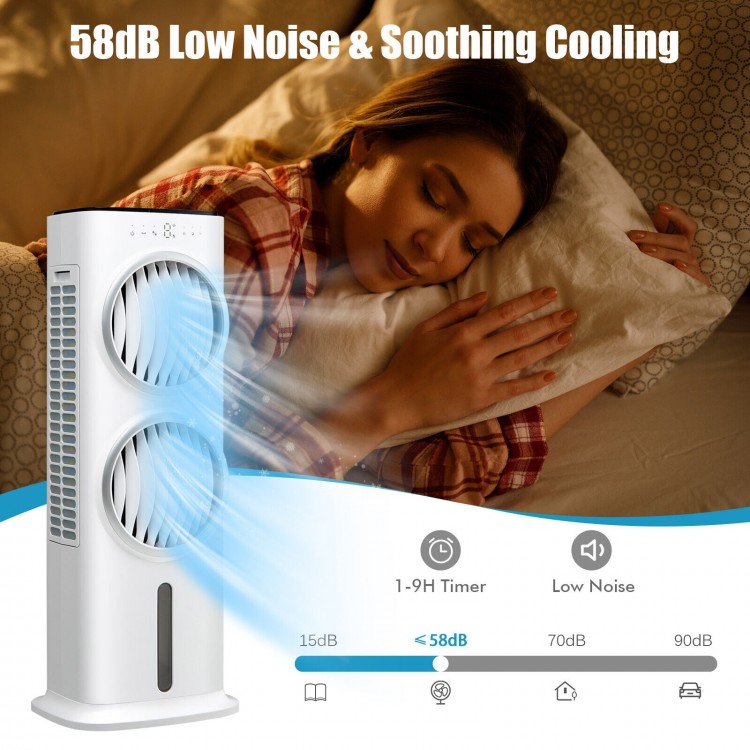 3-in-1 evaporative air cooler in white with remote, 9H timer, and 80° oscillation for effective cooling and.