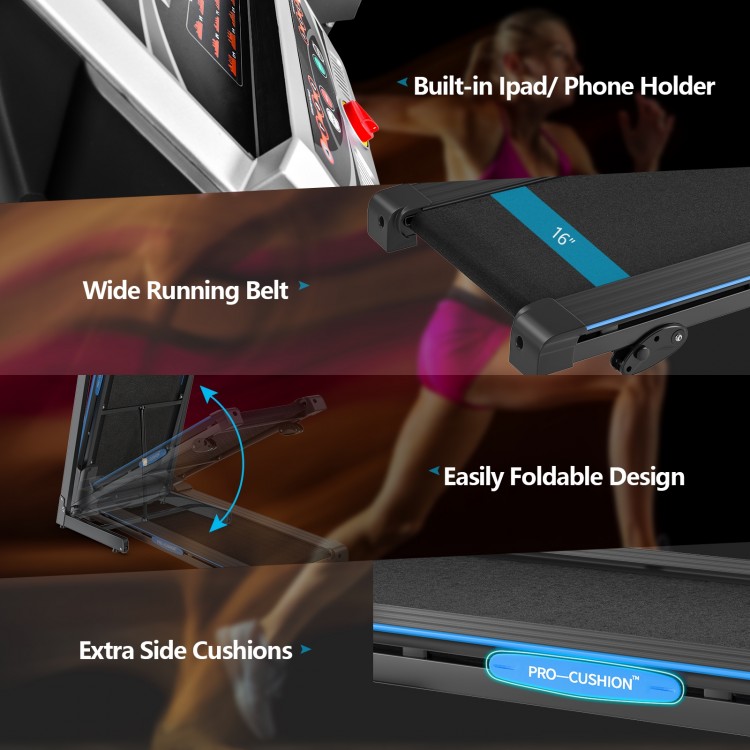 16-inch wide running belt of the 2.25 HP folding treadmill with side cushioning and easy-folding design for home.