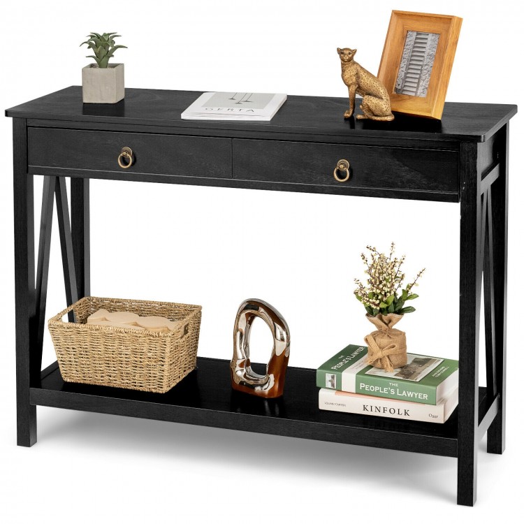 Black console table with two drawers and open shelf, made of painted MDF and wood, ideal for entryway or living room.