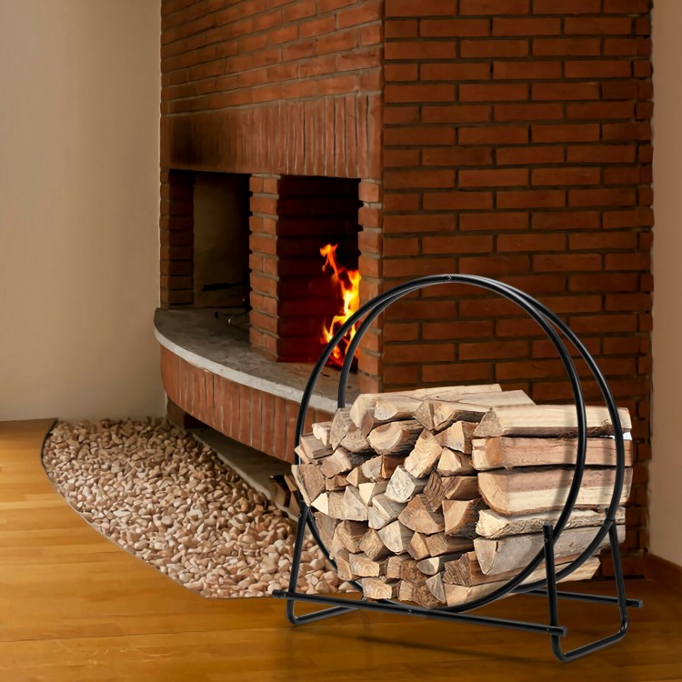 30-inch black powder-coated steel log hoop firewood storage rack, designed for indoor or outdoor use by the fireplace.