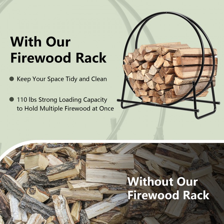 30-inch tubular steel log hoop firewood storage rack with a black powder-coated finish, perfect for indoor or outdoor.