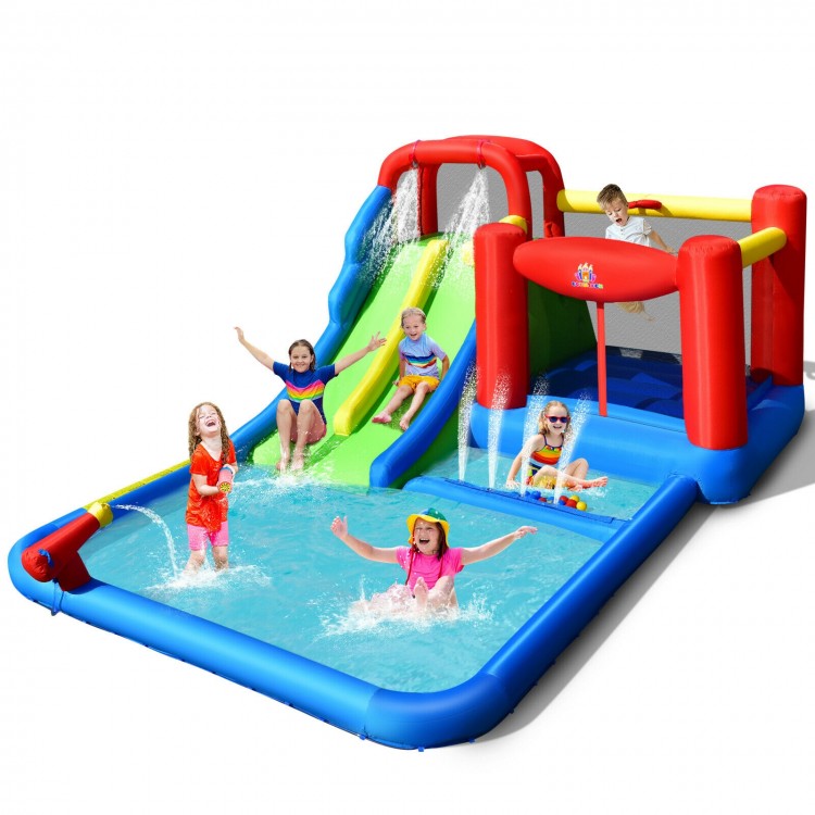 Inflatable water slide with vibrant colors, featuring a long slide and splash pool, perfect for kids' backyard summer.