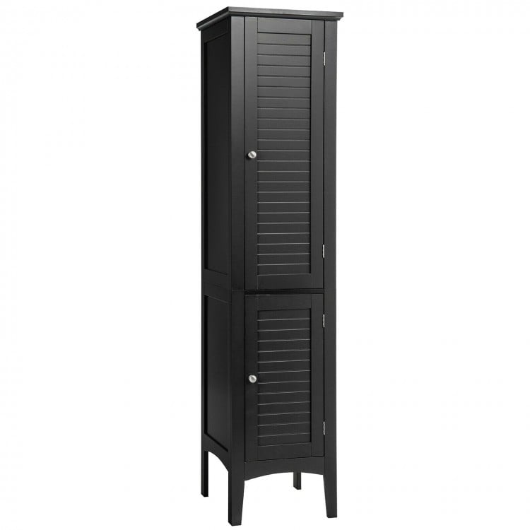 Tall black freestanding bathroom storage cabinet made of MDF, featuring compact design and raised feet for damp.