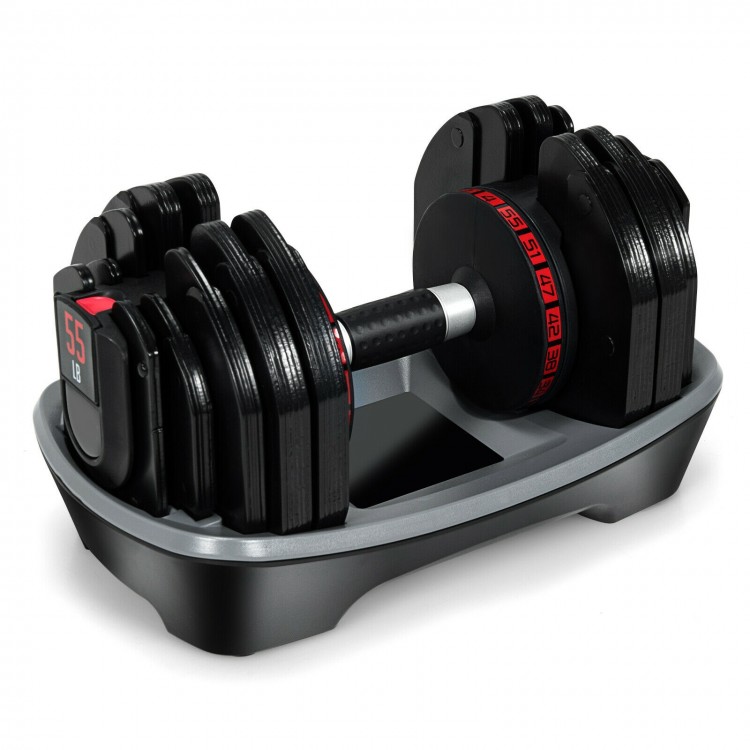 Adjustable 55 lbs dumbbell with 18 weight settings, ergonomic handle, ideal for home or office strength training.
