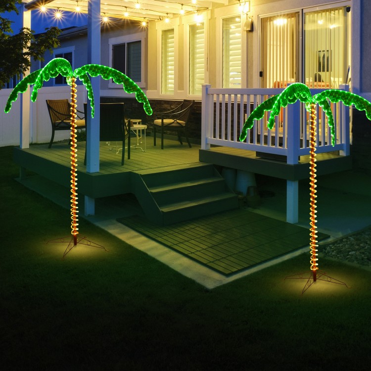 7-foot LED pre-lit palm tree decor with warm lights, perfect for outdoor patio and festive celebrations.