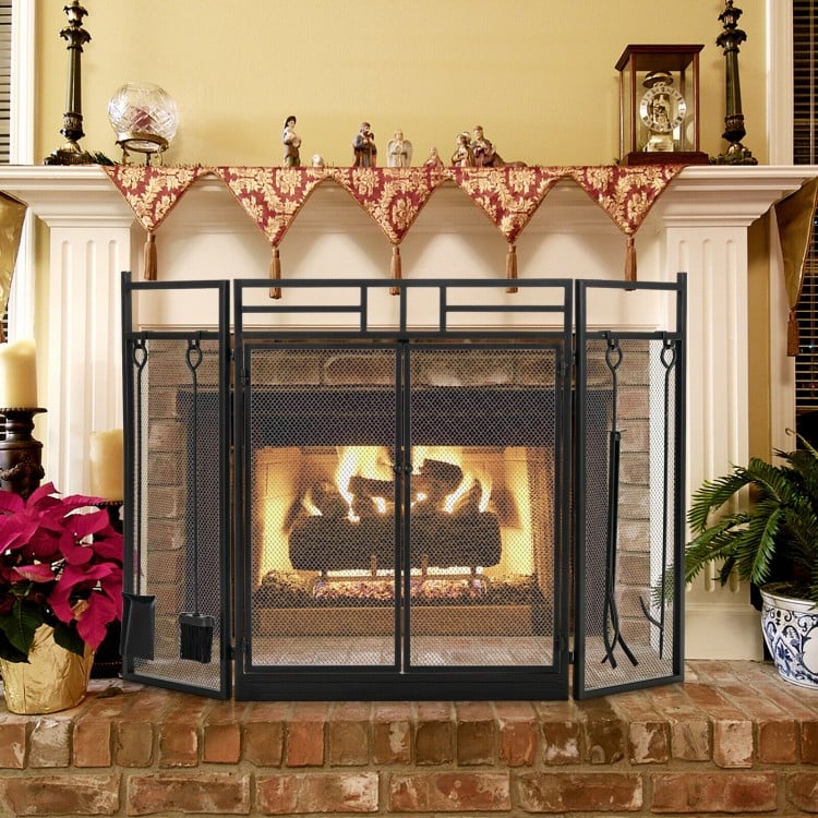 3-panel black wrought iron fireplace screen with tools set, designed for safety and durability, ideal for indoor use.