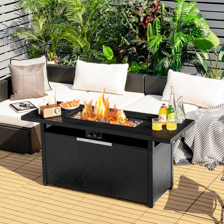 Rectangular 57-inch black propane outdoor fire pit table with 50,000 BTU, perfect for patio gatherings and dining.