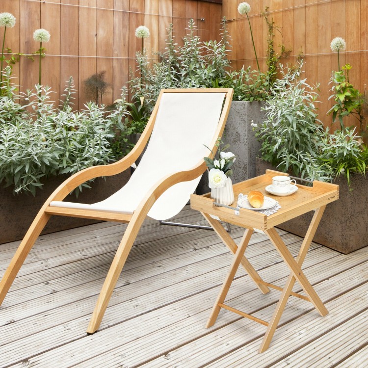 Bamboo lipped snack side table with removable tray, perfect for outdoor dining and compact spaces.
