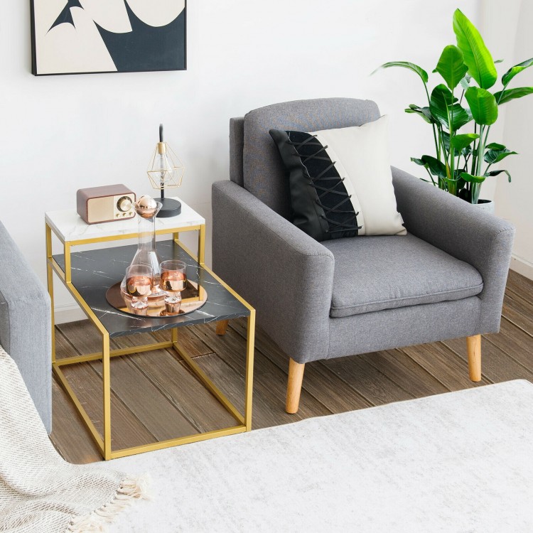 2-tier end side table with metal frame, marble patterns, and adjustable foot pads for living room storage.