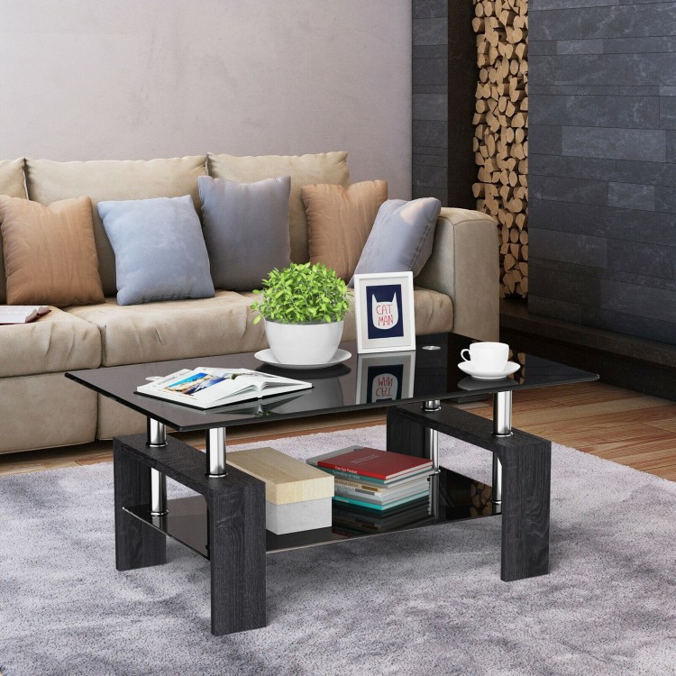 Rectangular tempered glass coffee table with gray MDF legs, featuring a sleek design and ample storage for living room.