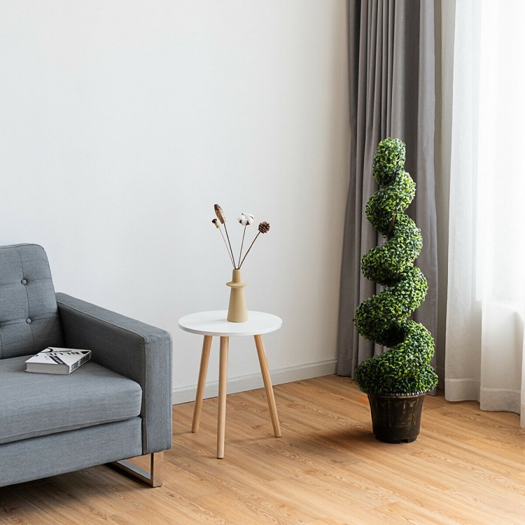 Artificial boxwood spiral tree with green leaves in a cement base, perfect for indoor decoration and easy to maintain.