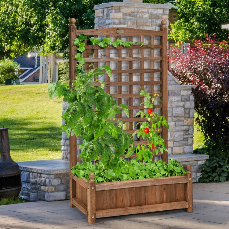 Solid wood planter box with trellis, weather-resistant design, perfect for outdoor gardens and balconies.