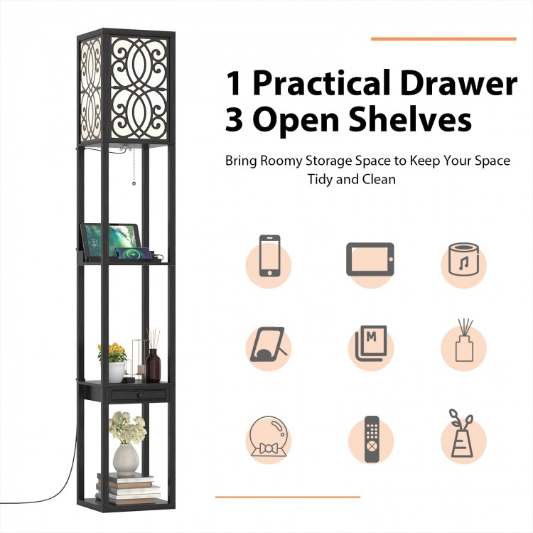 Modern standing shelf lamp featuring 3 open shelves, 1 drawer, 1 power outlet, and 2 USB ports for convenient charging.