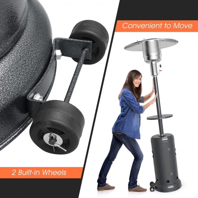 Close-up of the outdoor propane heater's built-in wheels for easy transport and stability, featuring a sleek gray.