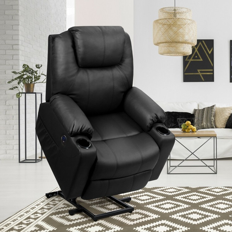 Black electric power lift recliner chair with massage functions, cup holders, and USB port for ultimate comfort and.