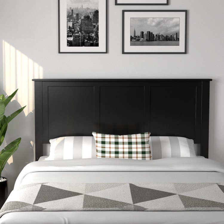 Black flat panel headboard made of sturdy pine wood and plywood, featuring height adjustment for a full-size bed.