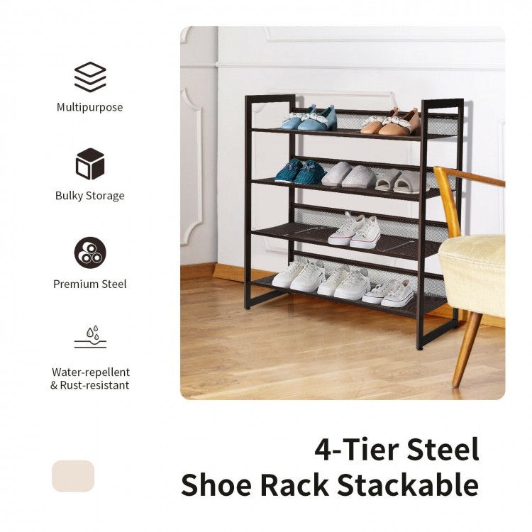 4-tier steel shoe rack with breathable mesh shelves, ideal for entryway storage of up to 16 pairs of shoes.