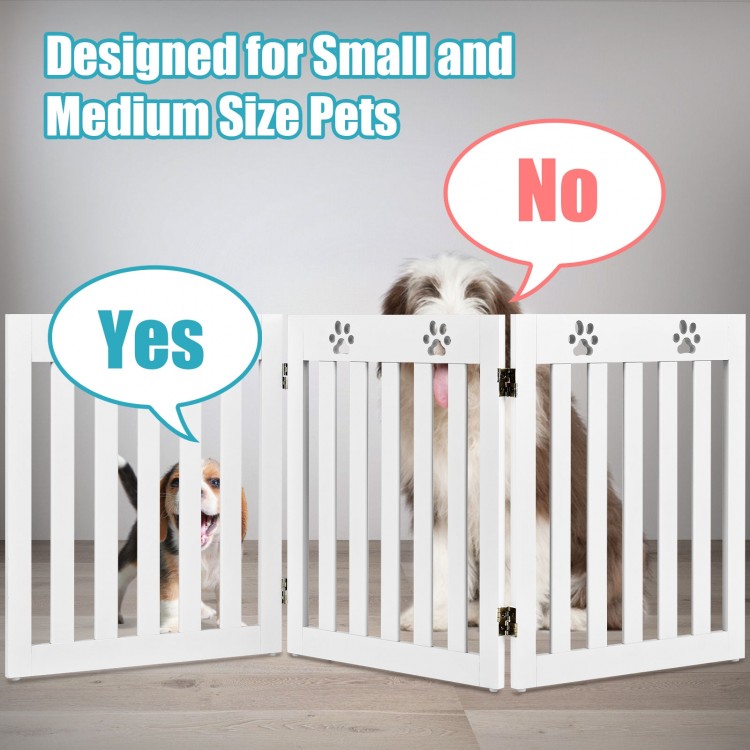 Freestanding 24-inch wooden dog gate in white, designed for small pets, with flexible hinges for easy placement.