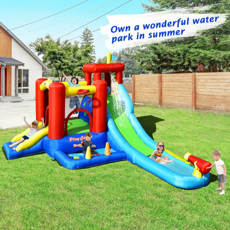 Inflatable 9-in-1 kids water slide bounce house with splash pool, climbing wall, and slide for summer fun in the.