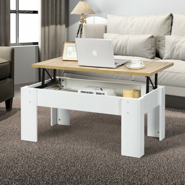 Lift top coffee table in white with a spacious hidden compartment, perfect for home or office use.