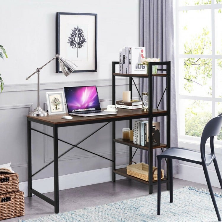 Compact 47.5-inch writing desk with 4-tier shelves, adjustable legs, and sturdy X-shape frame for home office use.