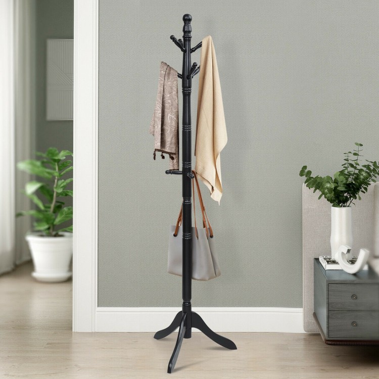 Black adjustable wooden coat rack with 9 hooks, sturdy rubberwood, and compact design for entryway or living room use.