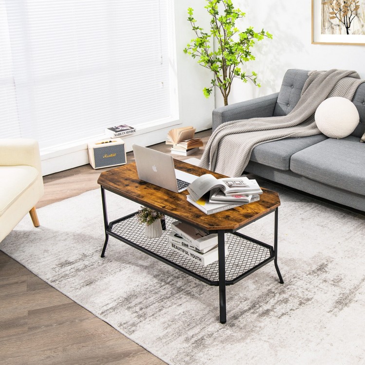 Rustic brown 2-tier industrial coffee table with metal mesh shelf, perfect for living room storage and display.