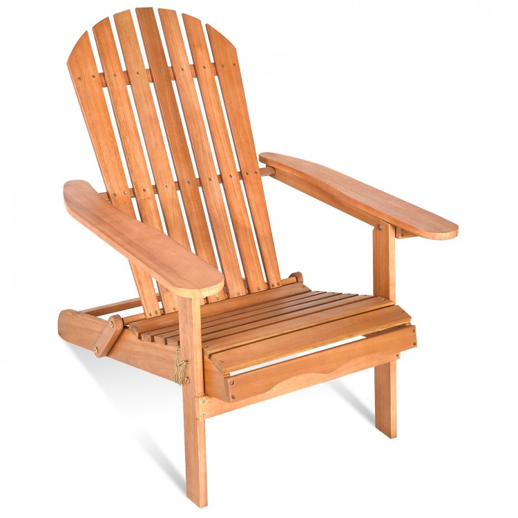 Eucalyptus foldable outdoor lounger chair with ergonomic backrest and armrests, perfect for patio relaxation.