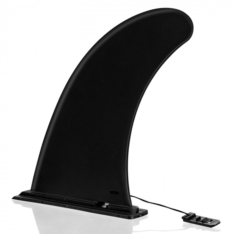 Detachable 9-inch black surf and SUP center fin made of fiberglass-reinforced nylon for longboards and paddle boards.