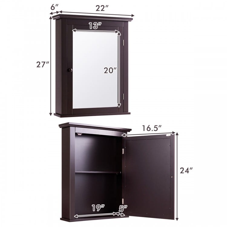 Wall-mounted brown mirror medicine cabinet with 2-tier storage, ideal for bathroom organization and space-saving.