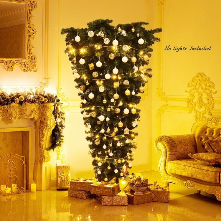 Upside down 7 feet artificial Christmas tree with 1000 branch tips, ideal for creative holiday decor and space-saving.