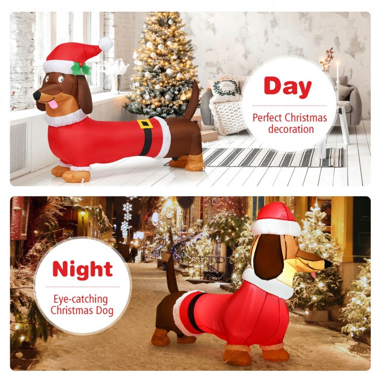 5-foot inflatable Christmas dog with Santa hat, made of durable polyester, perfect for indoor and outdoor holiday.