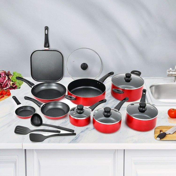 17-piece hard anodized nonstick cookware set in red, featuring pots, pans, and utensils for versatile cooking.