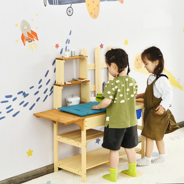Kid's outdoor wooden pretend cook kitchen playset made of natural fir wood, ideal for imaginative play in the garden.
