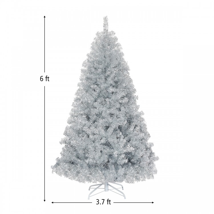 6-foot silver tinsel Christmas tree with 1036 branch tips and sturdy metal stand, perfect for festive indoor and.