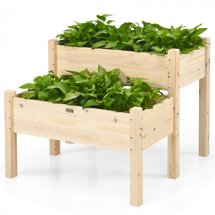 Two-tier wooden elevated planter box made of fir wood, featuring drainage holes for easy gardening in any outdoor space.