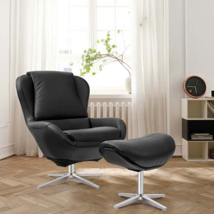 Black 360° swivel leather lounge chair with ottoman, featuring a stable aluminum alloy base for ultimate comfort.