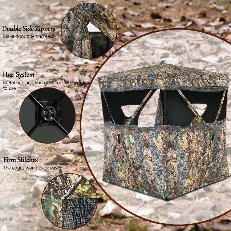 3 Person Portable Surround View Tent featuring camouflage design, multiple windows, and easy setup hub system for.