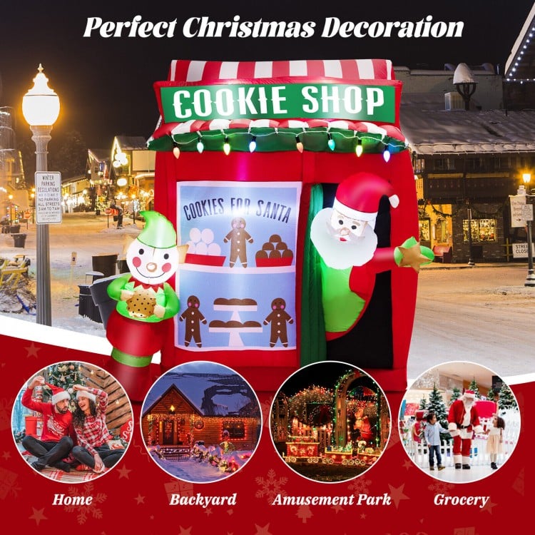 6.3 feet inflatable gingerbread cookie shop with Santa, featuring colorful lights, perfect for Christmas outdoor.