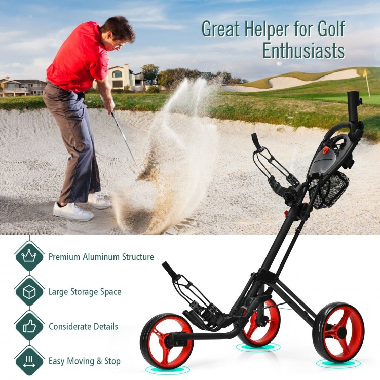 Folding 3-wheel golf push cart with adjustable handle, premium aluminum frame, and large storage for golf equipment.