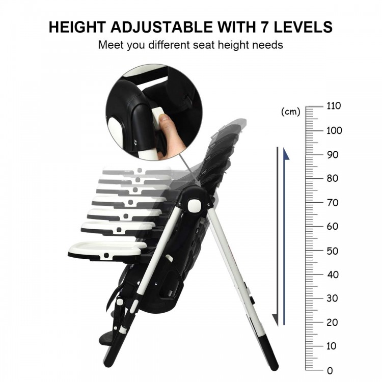 Foldable high chair in black with 7 adjustable height levels and multiple recline positions for versatile use.